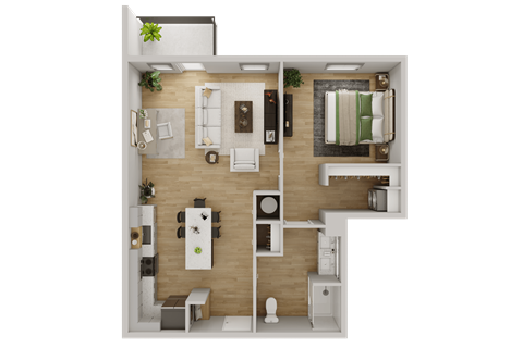 Floor plan for 1 bed, 1 bath, 857 sqft